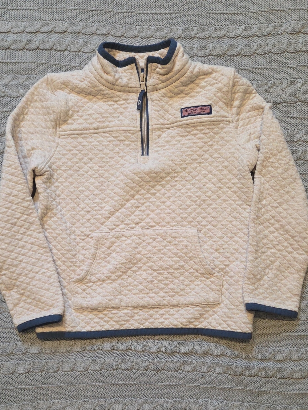 KIDS Vineyard Vines Quilted Pullover Unisex Medium 8-10 Oatmeal Navy Trim Preppy